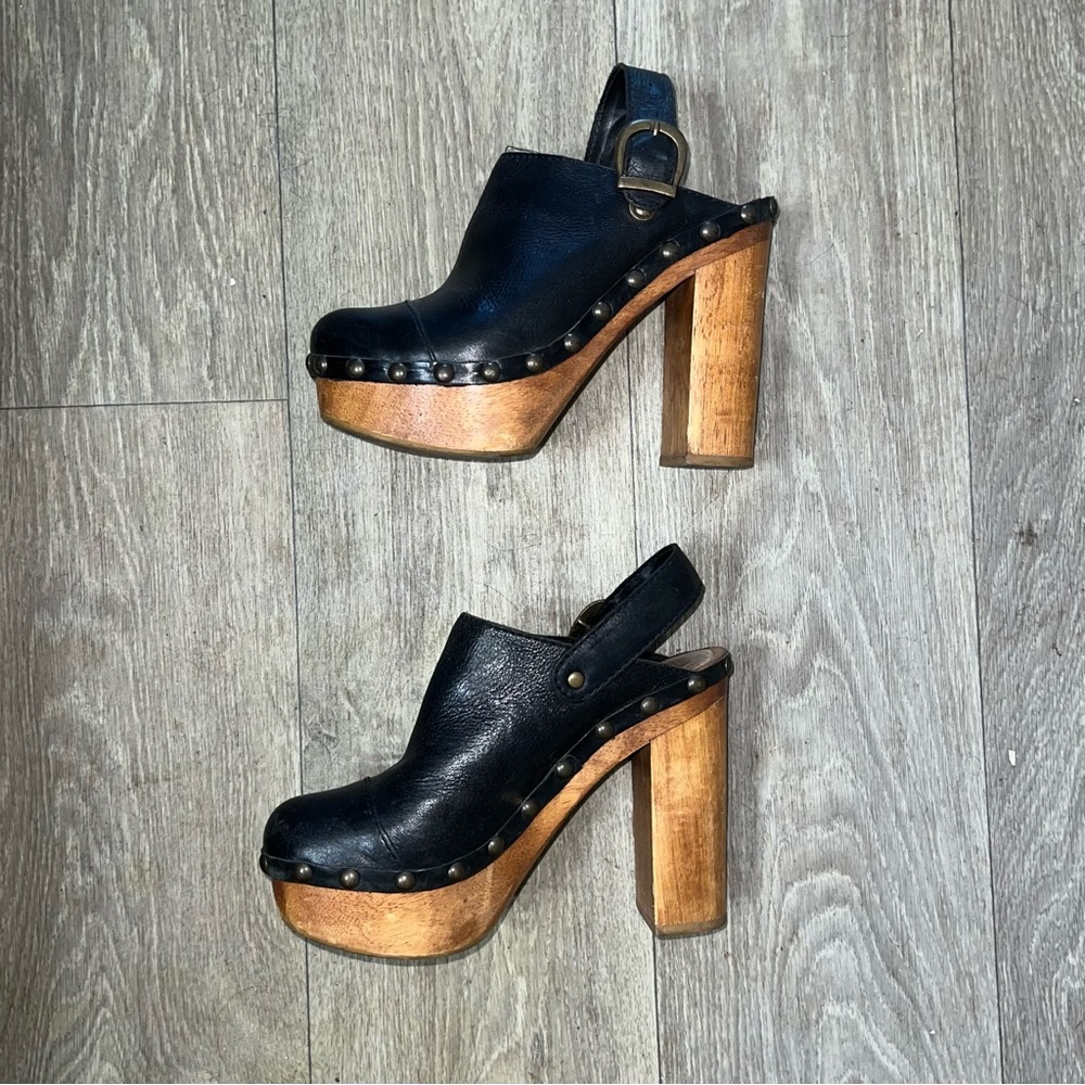 Genuine Leather/Wood Platform Mules